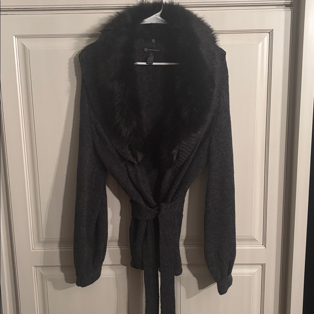 INC (International Concepts Gray Open Cardigan With Detachable Faux Collar